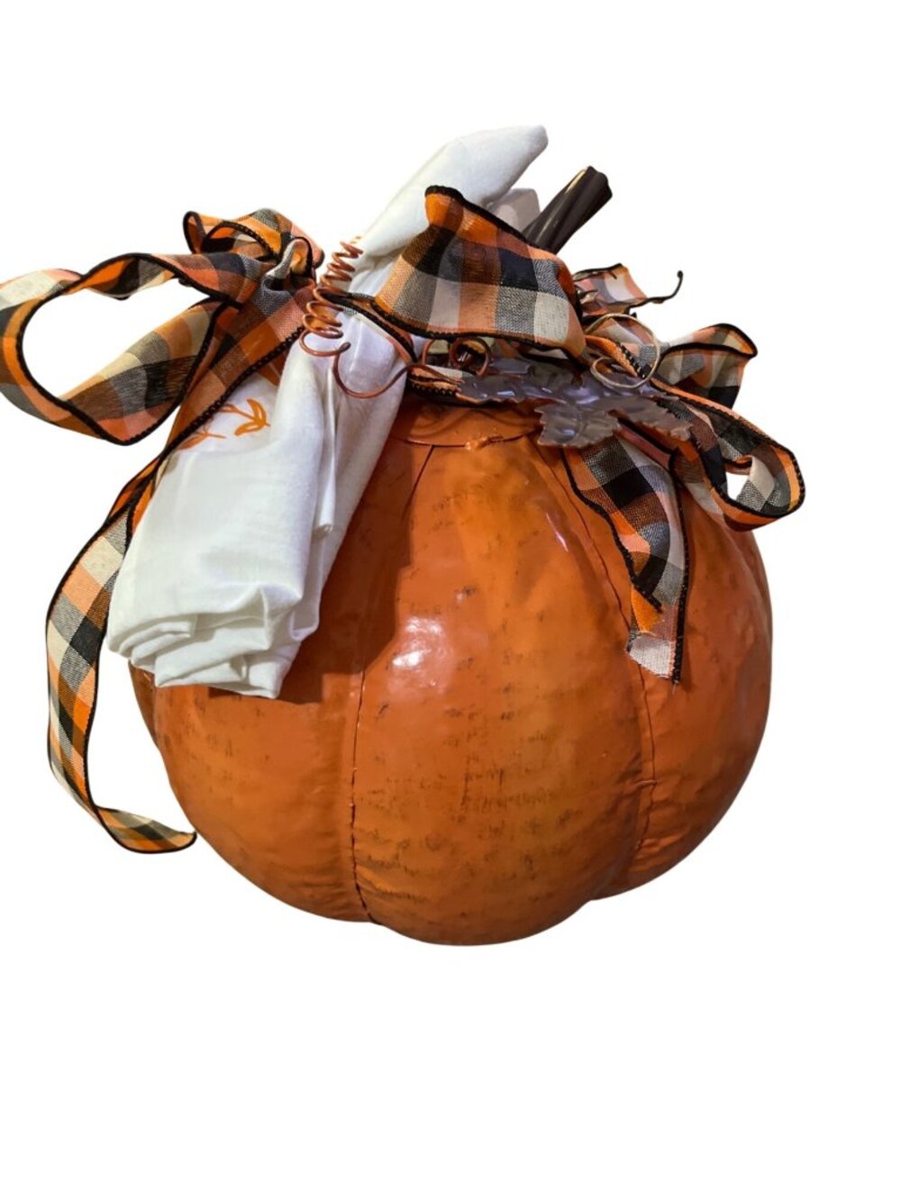 Fall Metal Pumpkin and Fall Tea Towel 11" Orange Plaid Harvest Decor NEW